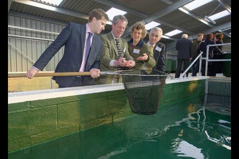 (l to r) Steve Brine MP, Robert Hughes, Skretting, Caroline James, learning manager fishery studies, Sparsholt College, and Tim Jackson, principal, Sparsholt College principal